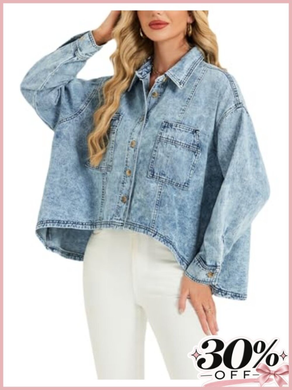 Oversized Denim Shirt Batwing Sleeve Cropped Shacket Lightweight